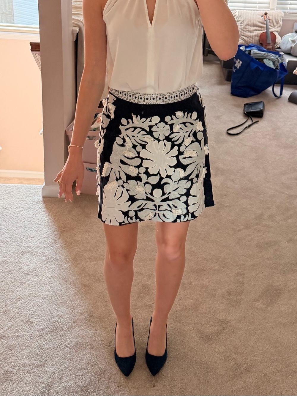 Anthropologie Navy Blur and White Floral Embroidered Mini Skirt